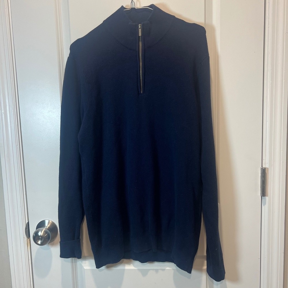Primark Mens Sweater Quarter Zip Ribbed Knit Navy Blue Large